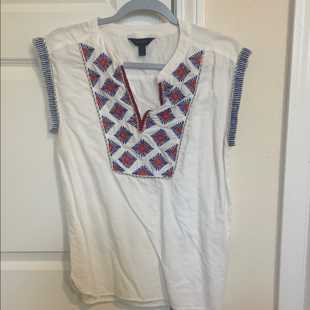 JCrew 2 White Red Blue Embellished Blouse with Mandarin Collar
